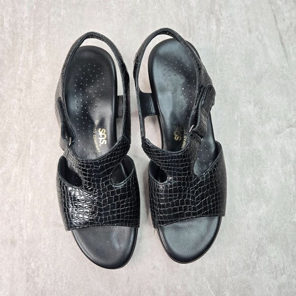 SAS Sandal Sz 10.5 Black Croc Leather Open Toe Comfort Low Heel Casual Slingback - Picture 2 of 13